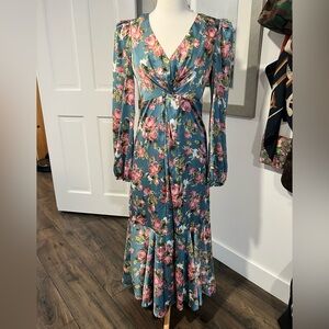 Astr Floral Long Sleeve Dress in Teal and Pink